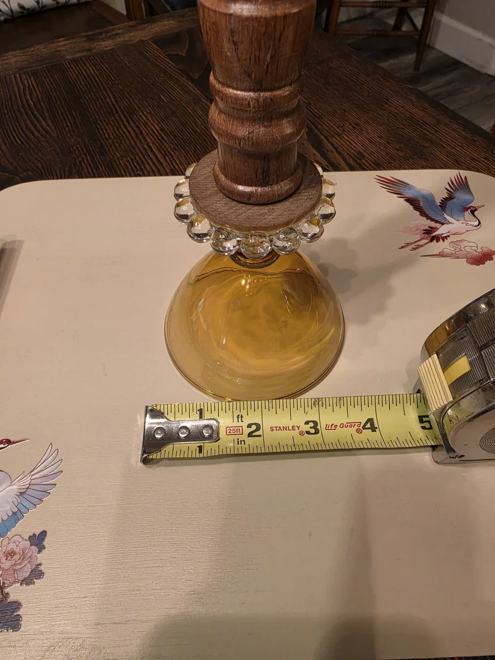 Vintage turned wood taper candlestick holder Colorful amber glass base